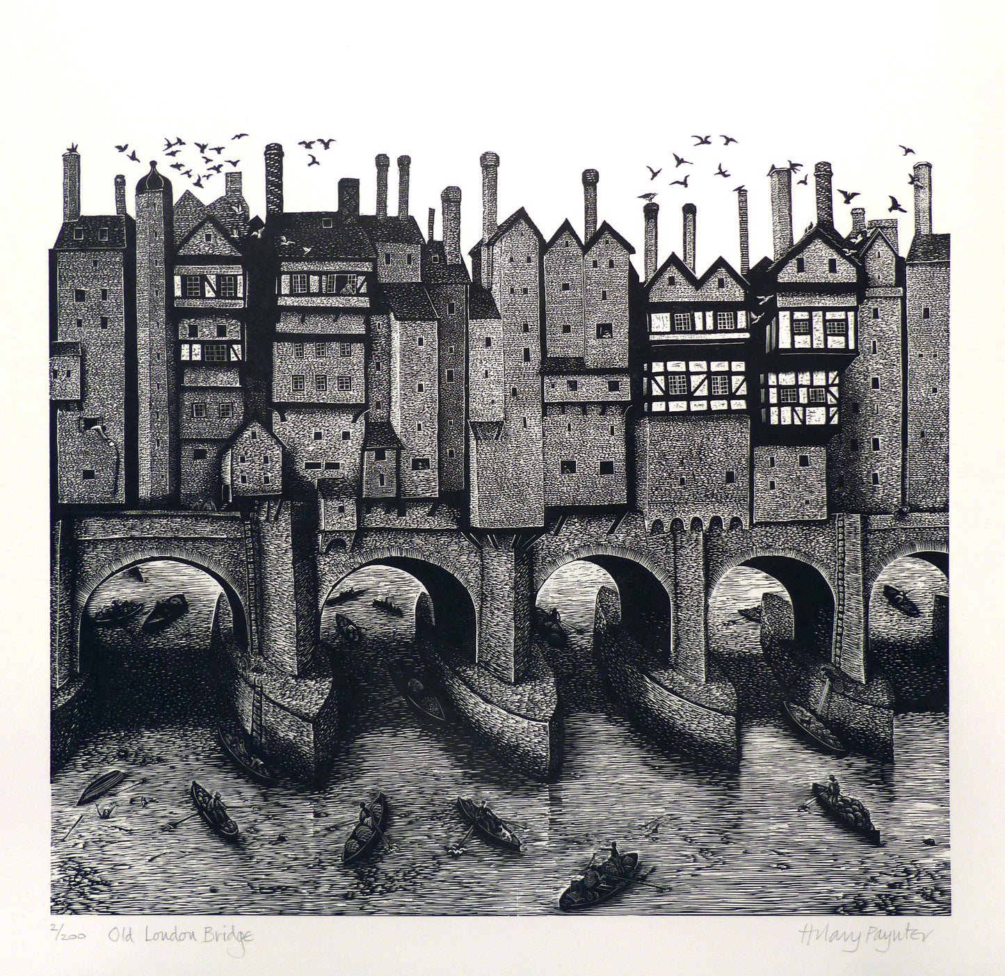 Hilary Paynter Wood Engraving: Old London Bridge