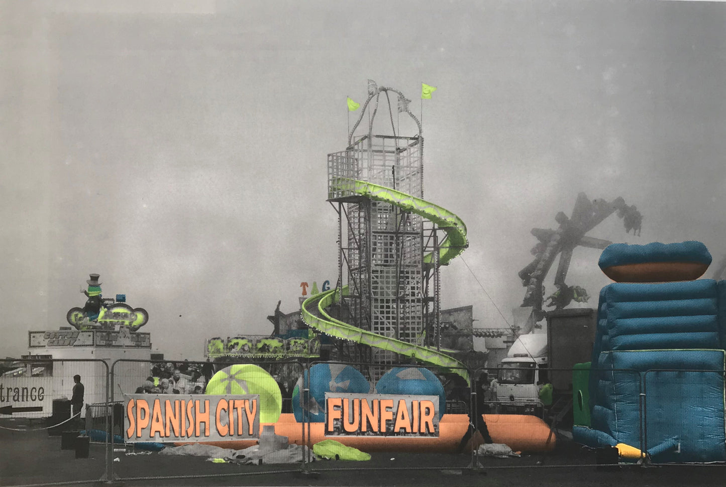 Northumbria, 2017: ‘Spanish City’ funfair in fog, Whitley Bay [leisure, popular culture]