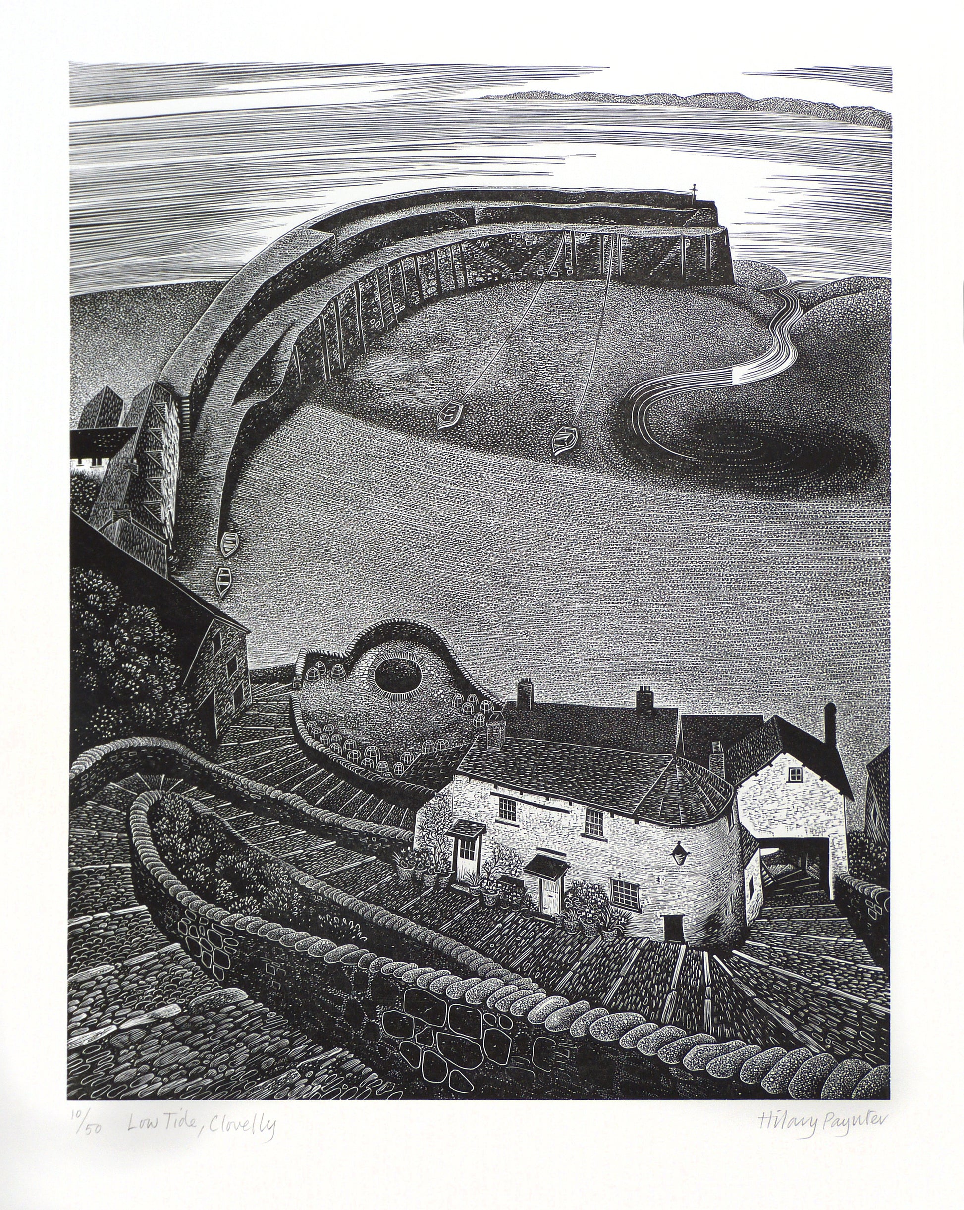 Hilary Paynter Wood Engraving: Low Tide, Clovelly